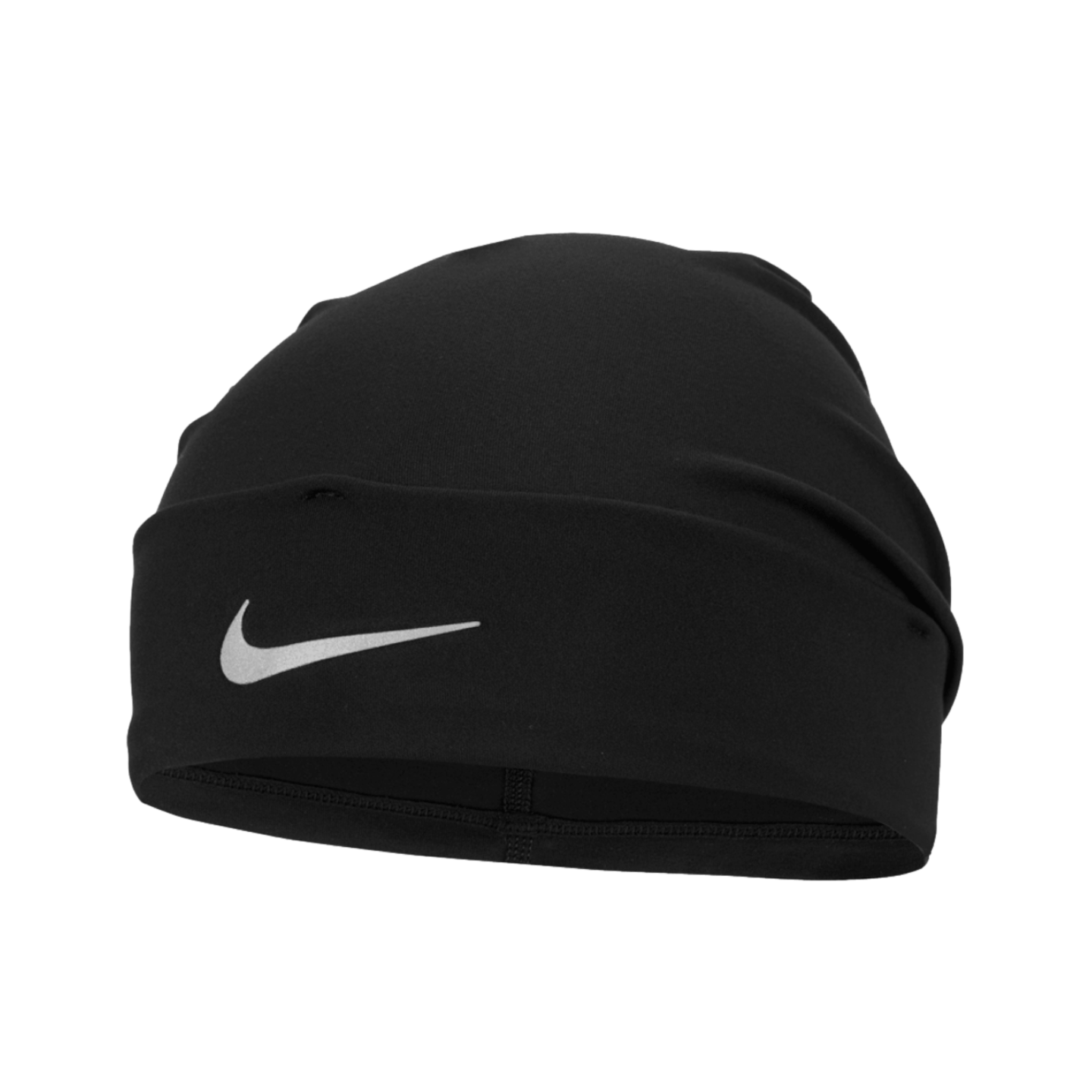 A black Nike athletic beanie featuring a white swoosh logo on the front cuff, set against a black background.
