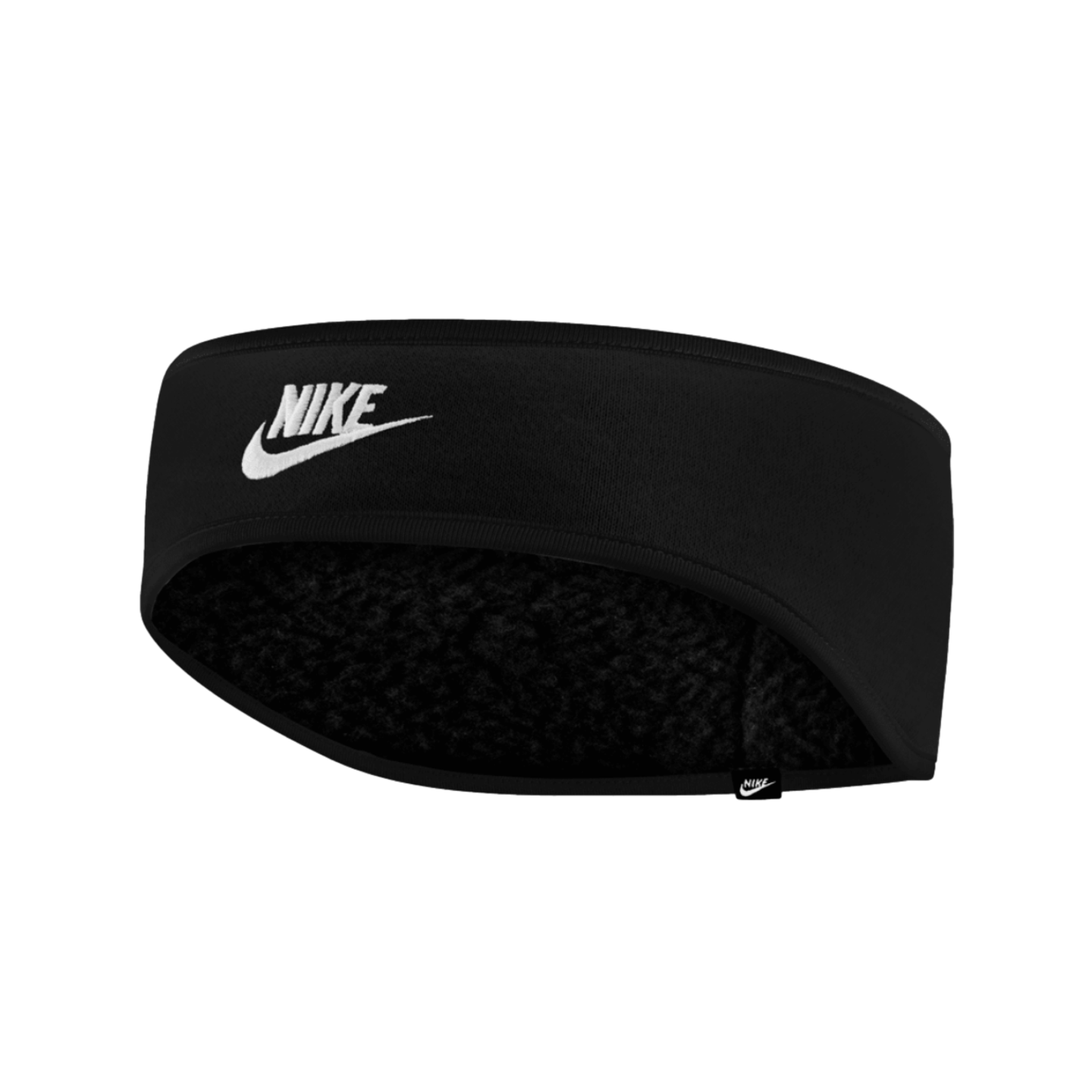 Black Nike headband featuring a white logo on the front and a textured fleece lining.