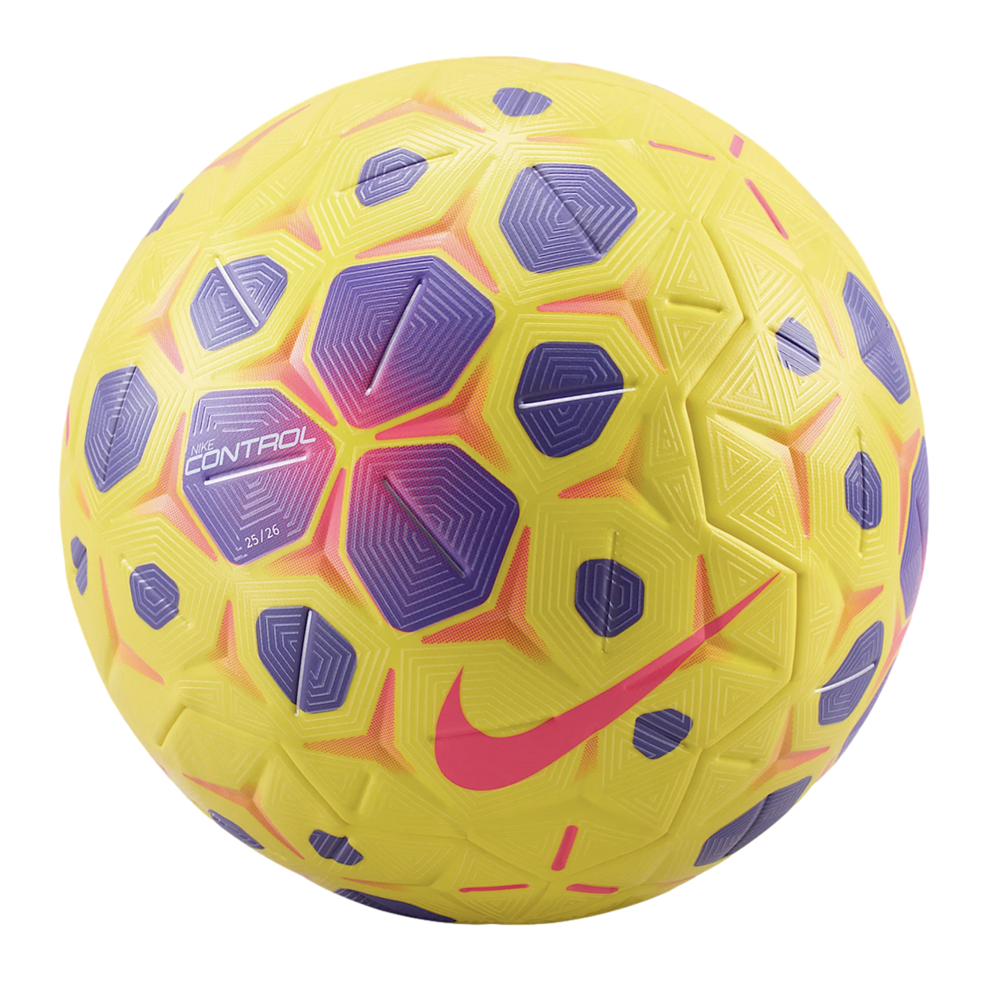 A yellow Nike football with purple geometric patterns, a pink swoosh, and textured grooves on a black background. Features "NIKE CONTROL" branding.