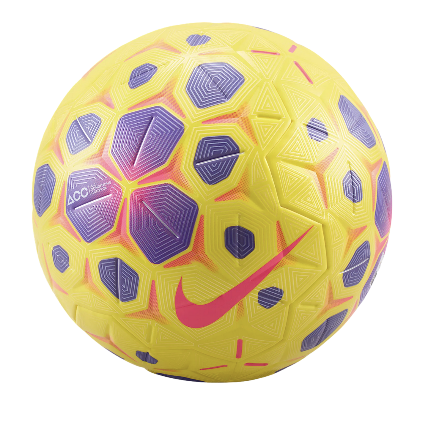 Yellow Nike soccer ball featuring purple and pink geometric patterns and a prominent pink swoosh logo against a black background.