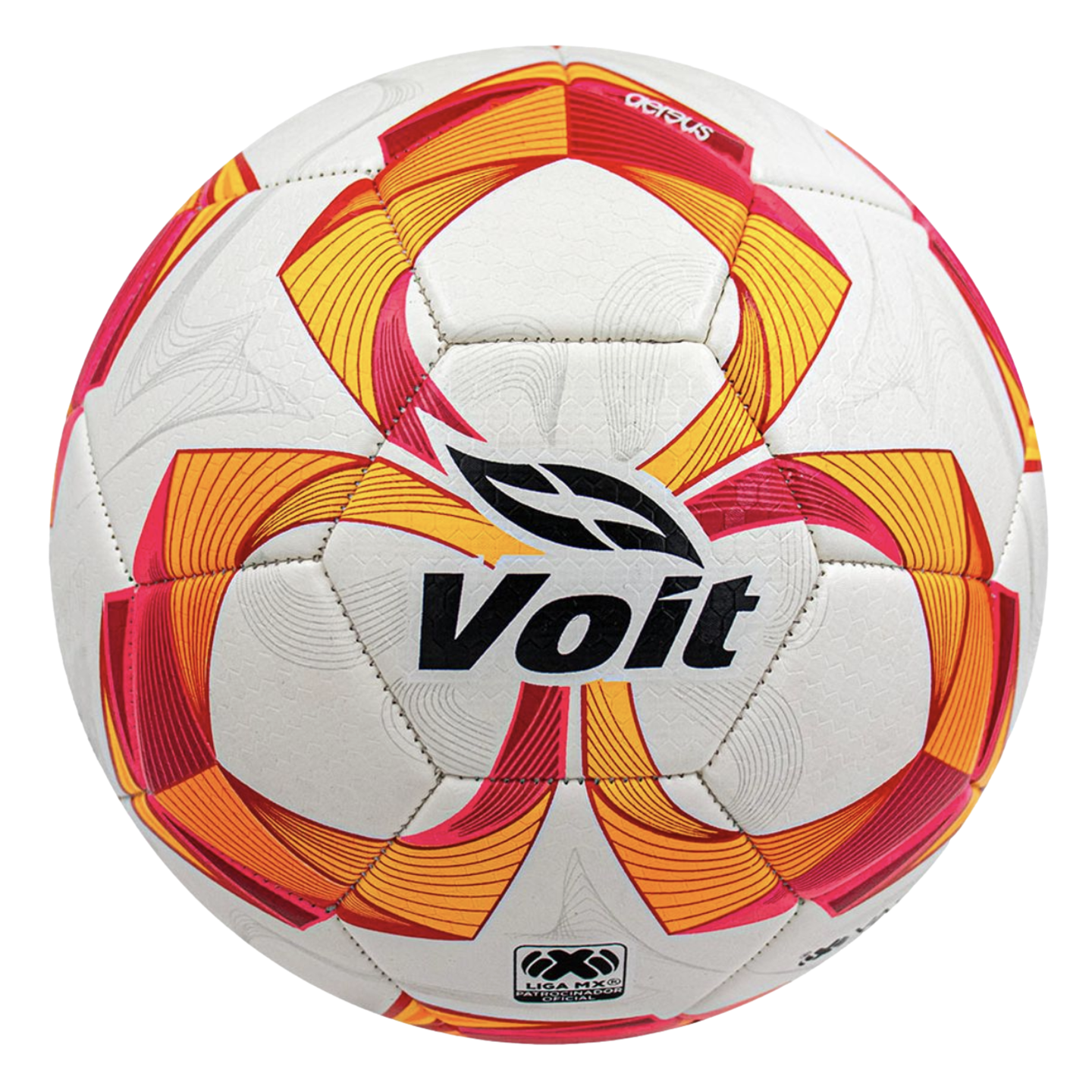 White Voit soccer ball with pink, orange, and red geometric designs, featuring the Voit brand name and the Liga MX logo.