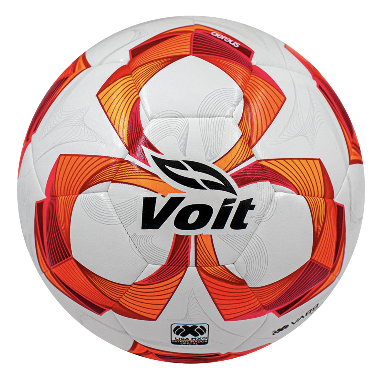 White Voit soccer ball featuring a bold orange and red geometric design, the black Voit brand name, and the Liga MX official sponsor logo.