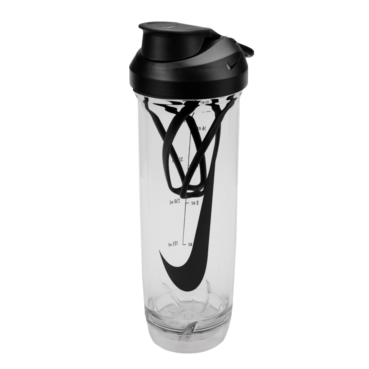 A clear Nike shaker bottle with a black lid, a large black swoosh logo, measurement markings, and a black internal mixing whisk.