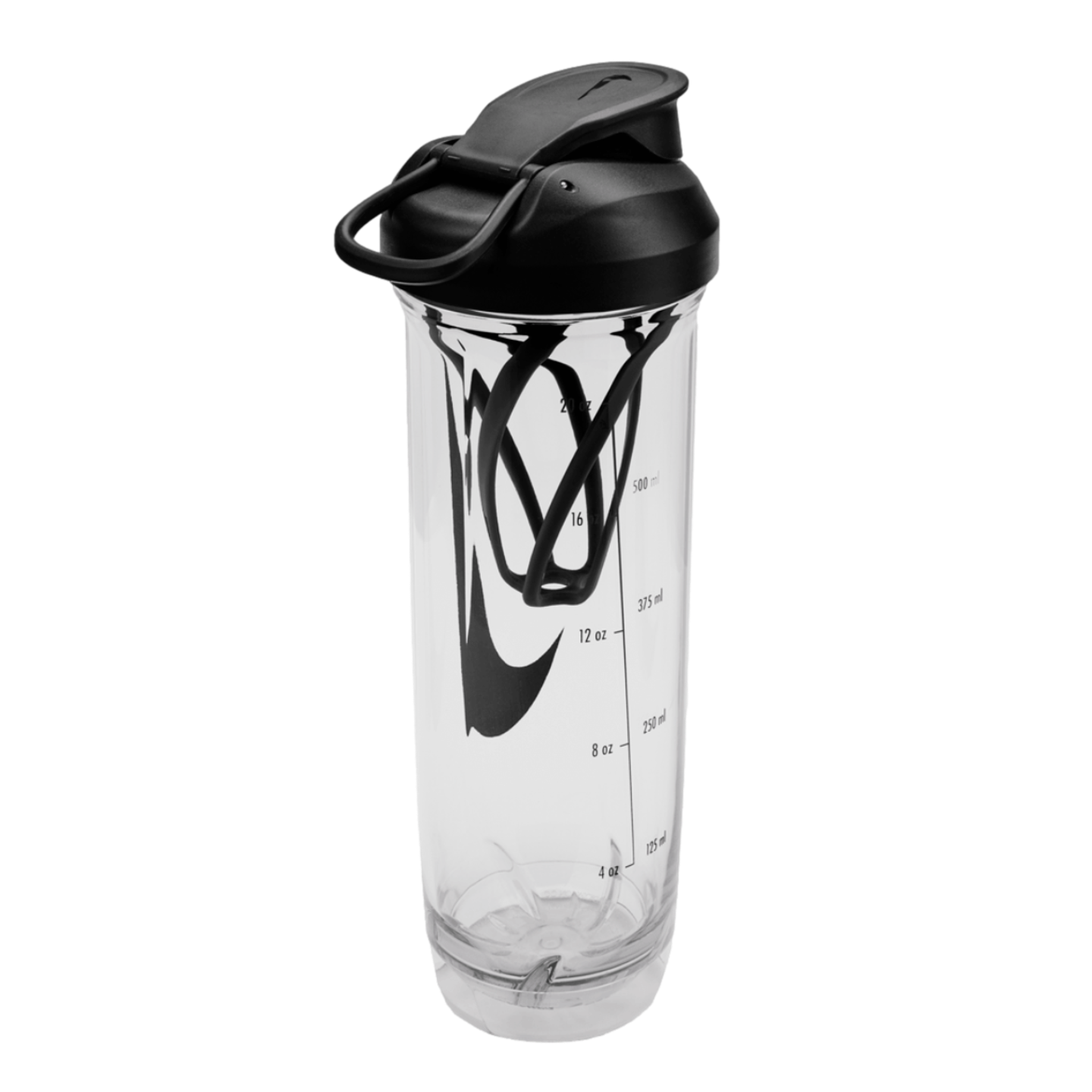 Clear Nike shaker bottle with a black lid, swoosh logo, measurement markings, and an internal mixing whisk.