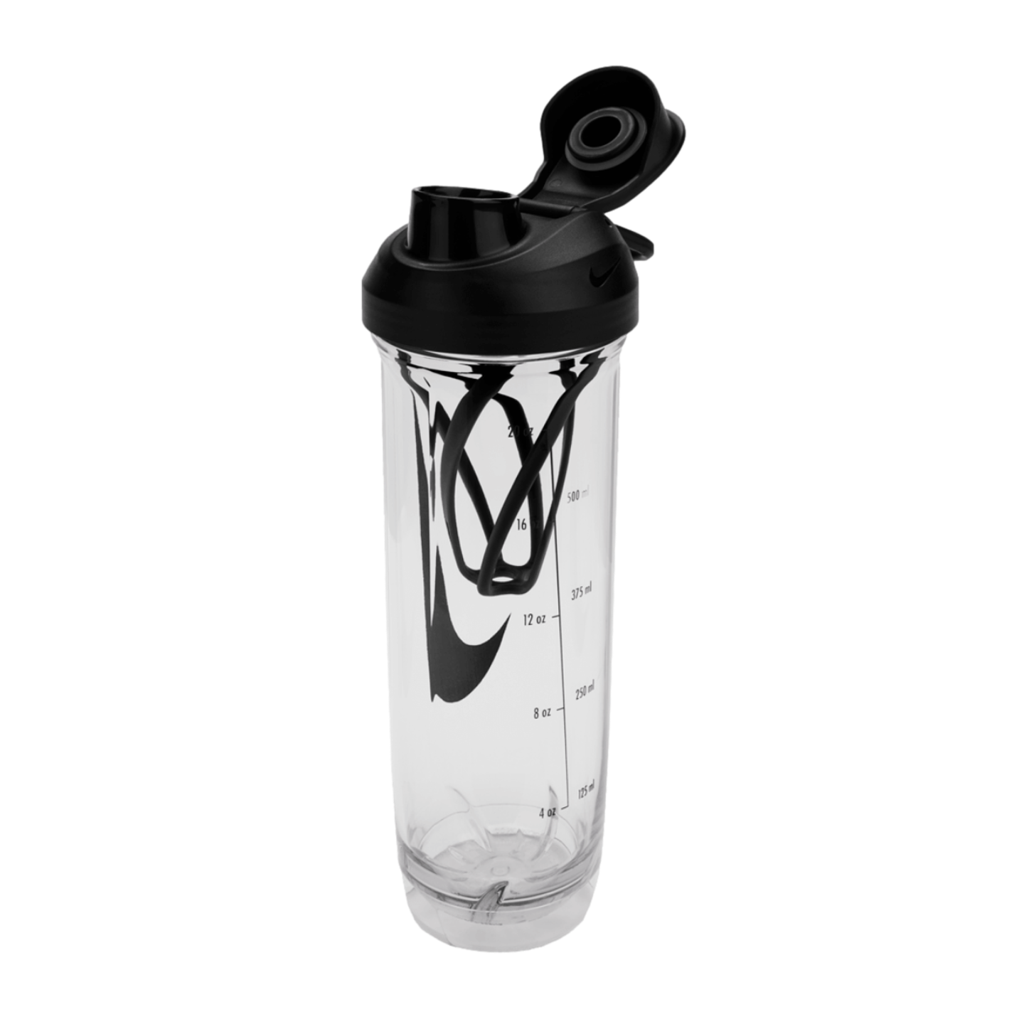 Clear Nike shaker bottle with a black flip-top lid, measurement markings, and a black internal mixing whisk, isolated against a black background.