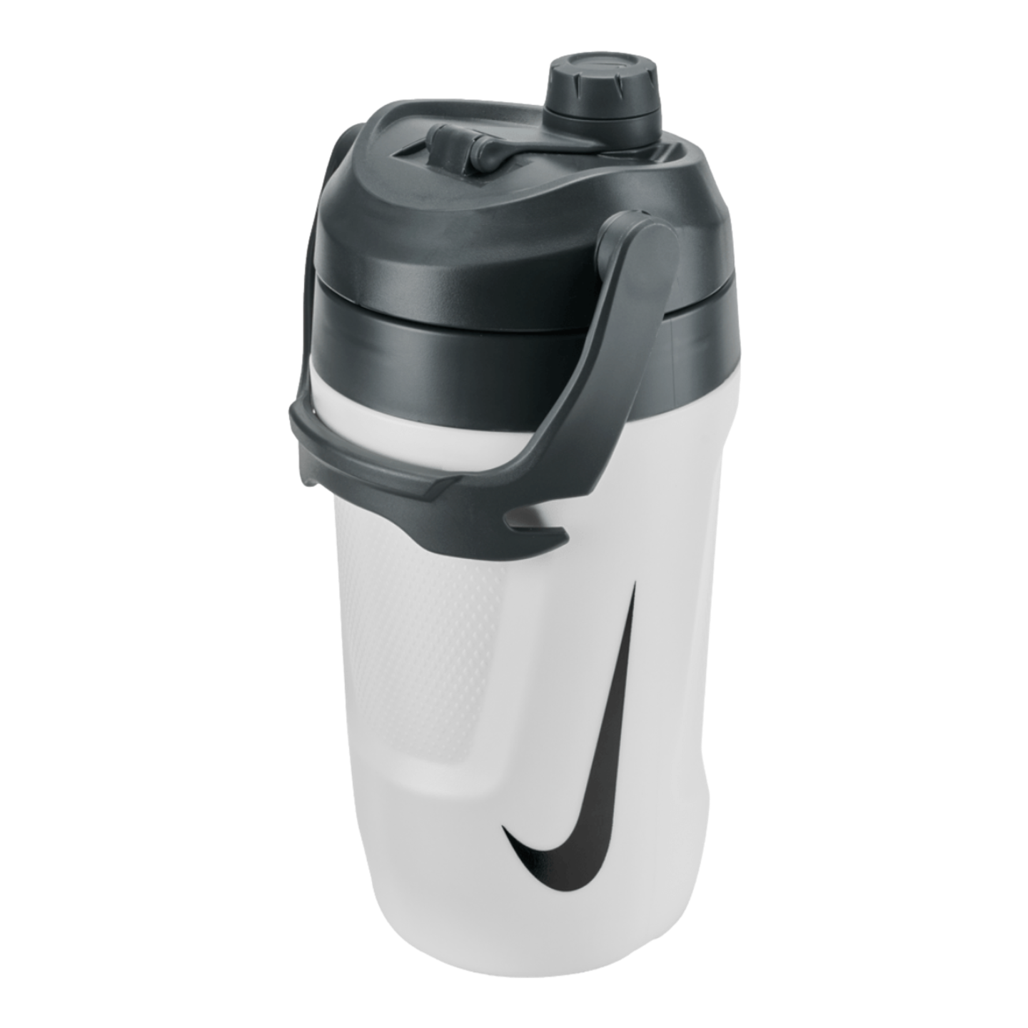 White Nike sports water jug with a black swoosh logo, lid, and integrated carry handle.