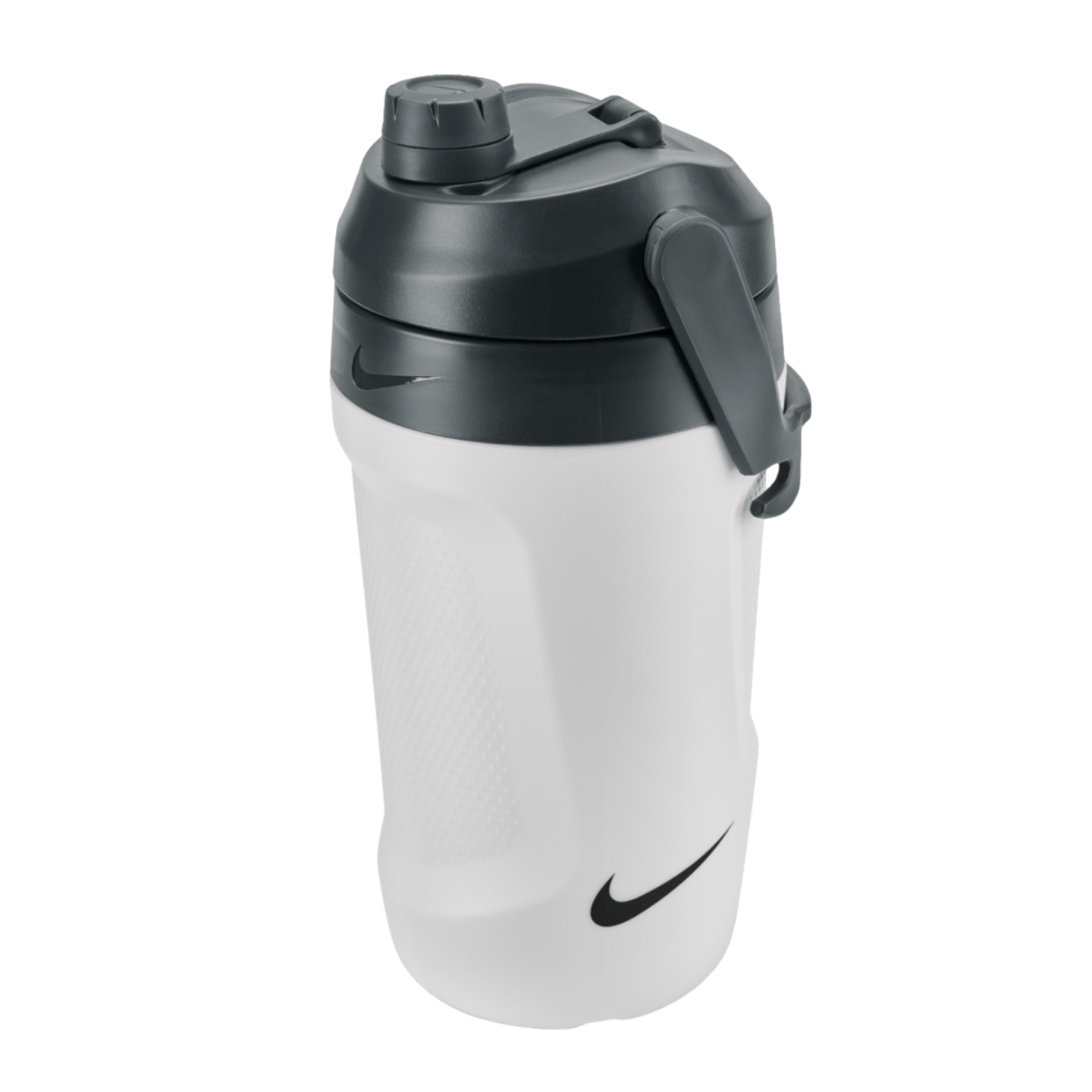 White Nike fuel jug with a dark gray lid and integrated handle, featuring black swoosh logos, isolated against a solid black background.