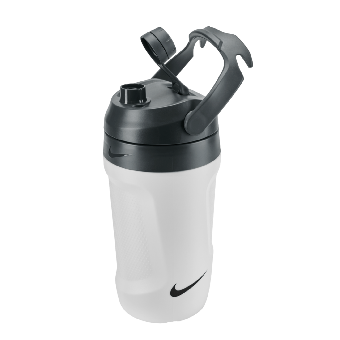White Nike water bottle with a black lid and handle. Features a textured grip, open flip-top cap, and the Nike swoosh logo. Set against a black background.