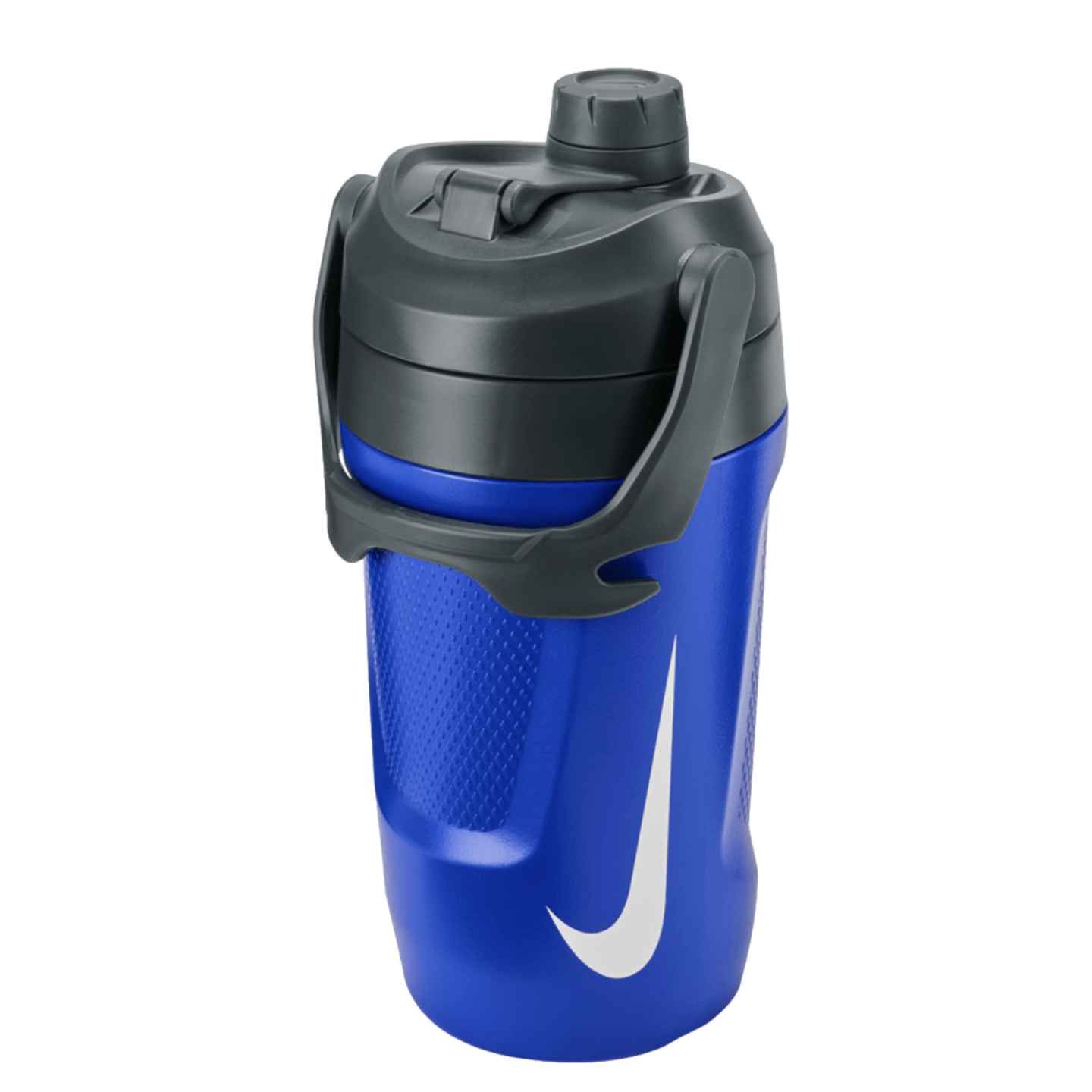 A blue and black Nike fuel jug featuring a large white swoosh, a carry handle, and a textured grip, isolated on a black background.
