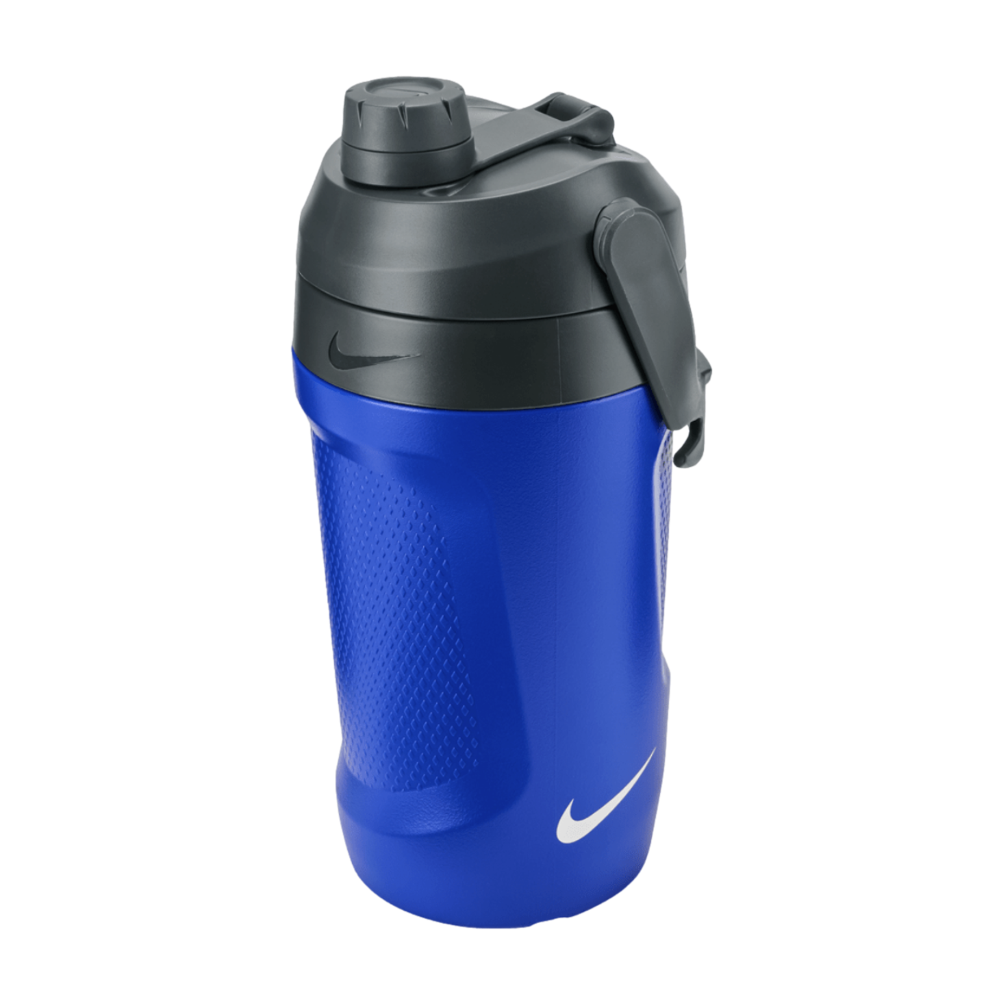 Blue and grey Nike fuel jug featuring a flip-top lid, carry handle, and the Nike swoosh logo on the base and lid collar.
