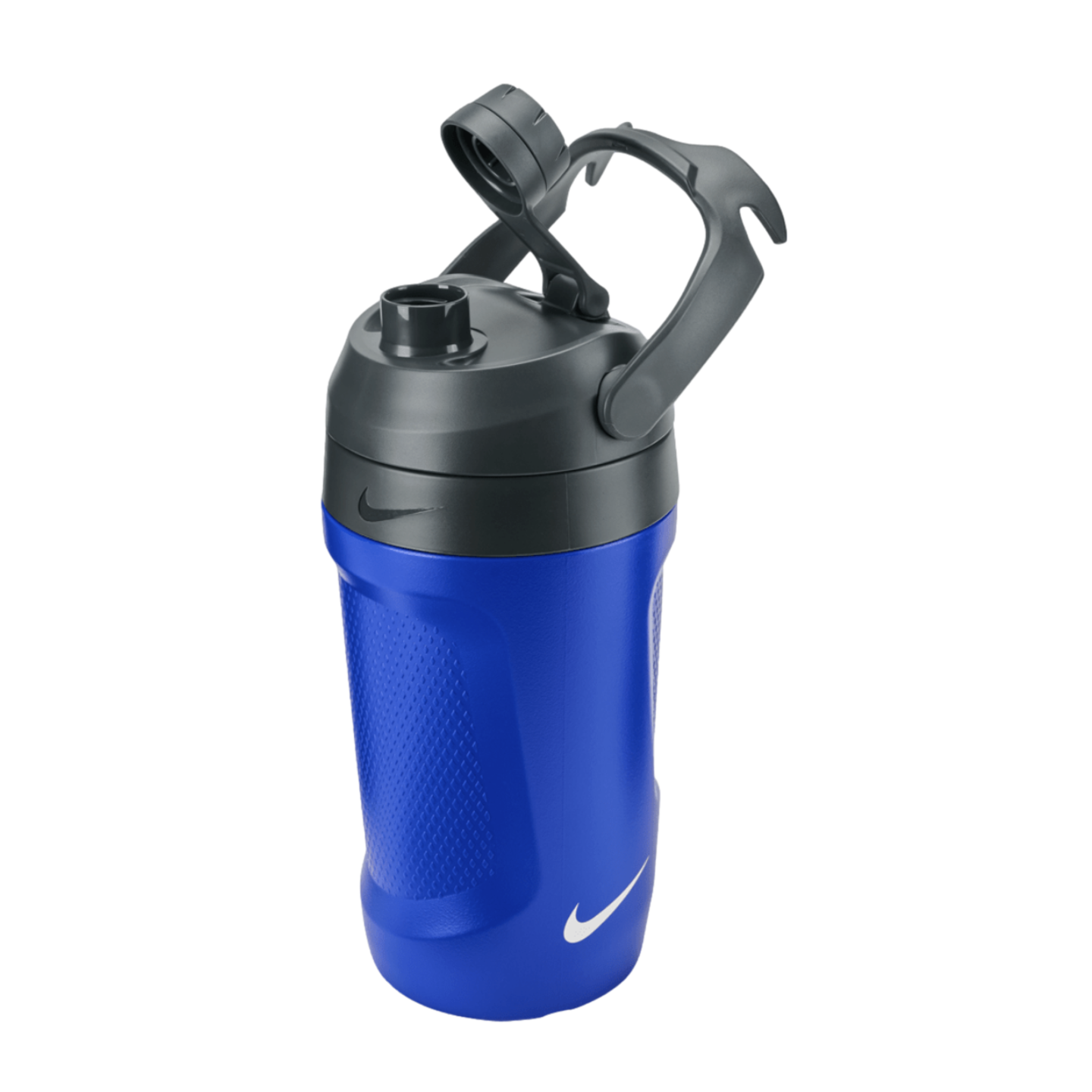 A blue and grey Nike water bottle with a flip-top lid, carry handle, and textured grip, featuring Nike swoosh logos on a black background.