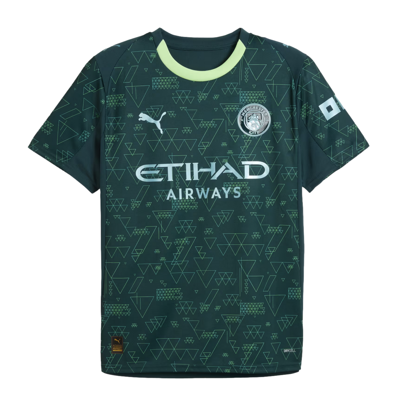 A dark green Manchester City soccer jersey with light green geometric patterns, a light green collar, and silver-toned club crest, Puma logo, and Etihad Airways sponsor.