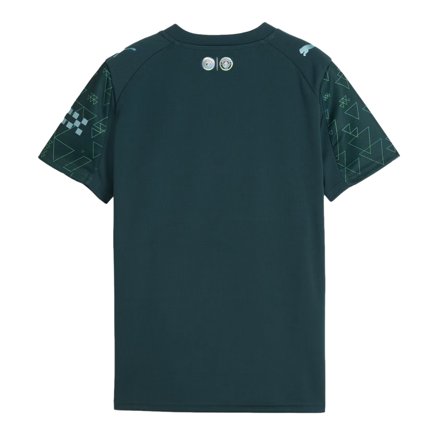 Back view of a dark teal Puma soccer jersey featuring lime green geometric patterns on short sleeves and small silver logos on the upper back neck.