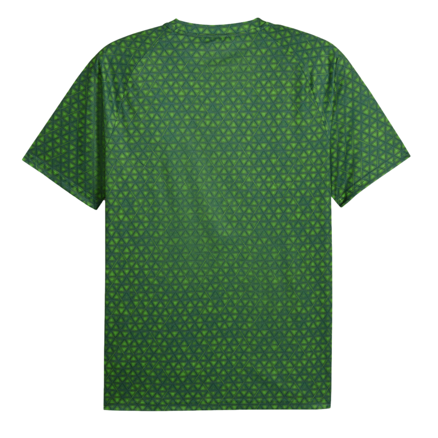 A green short-sleeved t-shirt featuring an intricate, all-over geometric pattern of small triangles in various shades of green.
