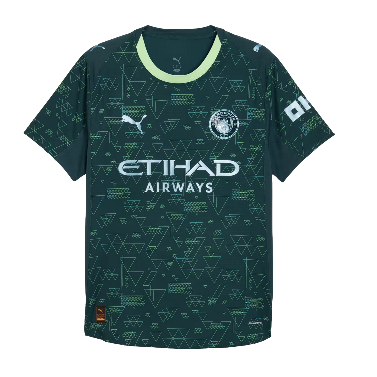 Dark green Manchester City soccer jersey with a geometric triangle pattern, silver club crest, Puma logo, and Etihad Airways sponsor. Features a pale green collar.