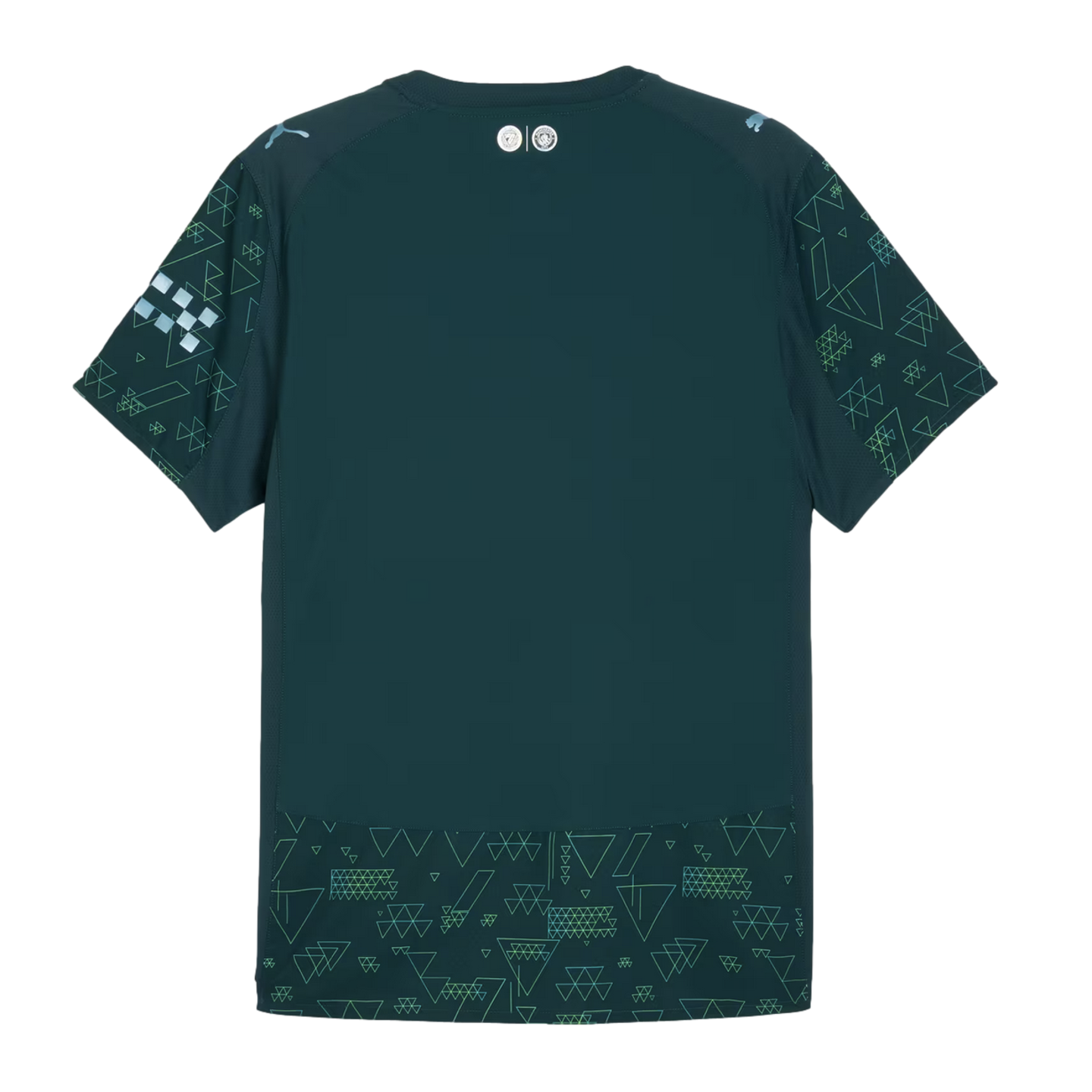 Back of a dark teal sports jersey featuring light green geometric patterns on the sleeves and bottom. Includes small logos at the neck and light blue Puma logos on the shoulders.