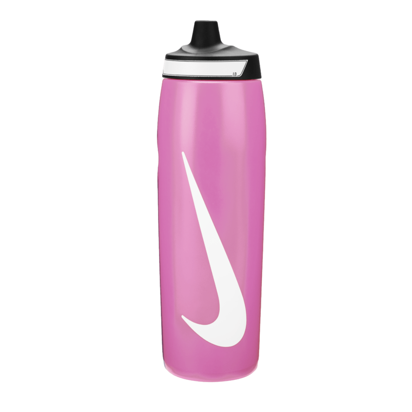 A pink Nike water bottle with a large white swoosh on the front and a black pull-top cap, shown against a solid black background.