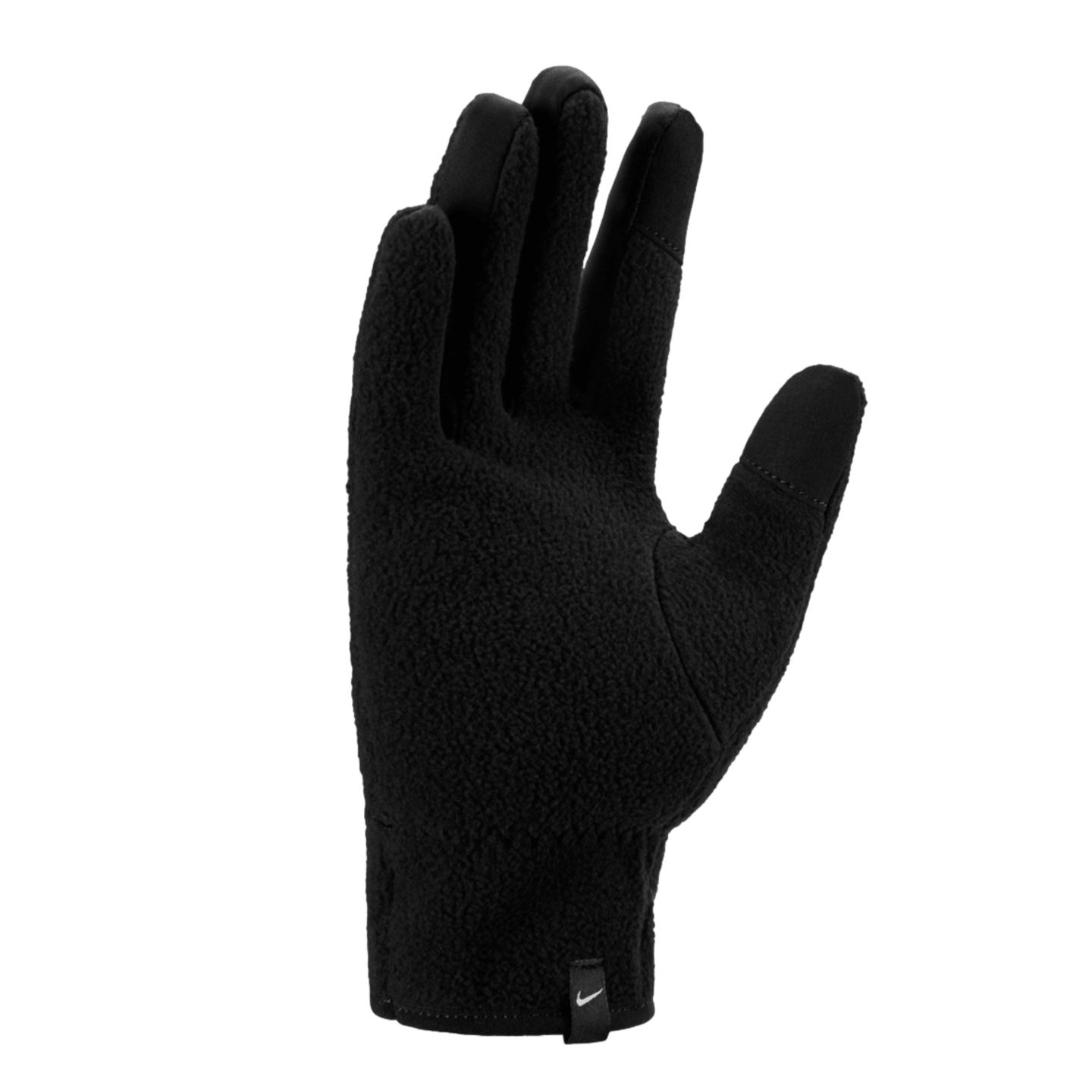 A black Nike fleece glove against a black background. The image shows the palm side, featuring reinforced fingertips for touchscreen use and a small white logo tag at the wrist.