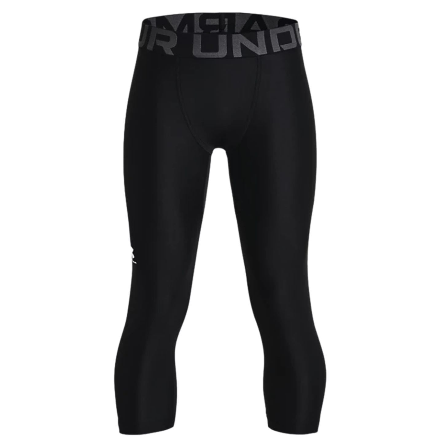 Black Under Armour 3/4 length compression leggings with a grey branded waistband and small logo on the leg, shown on a black background.
