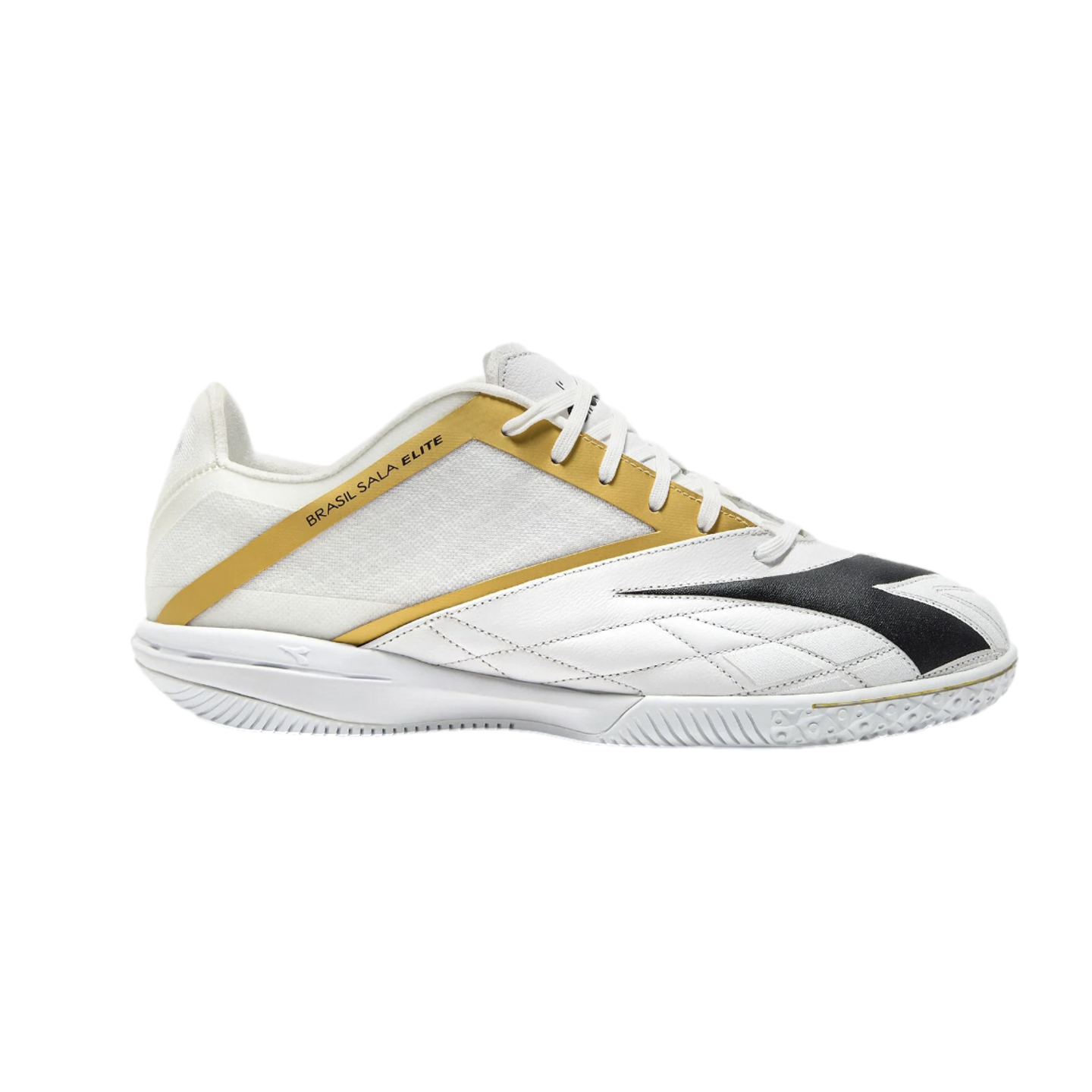 White Diadora Brasil Sala Elite indoor soccer shoe with gold accents and a black logo, shown in profile against a black background.