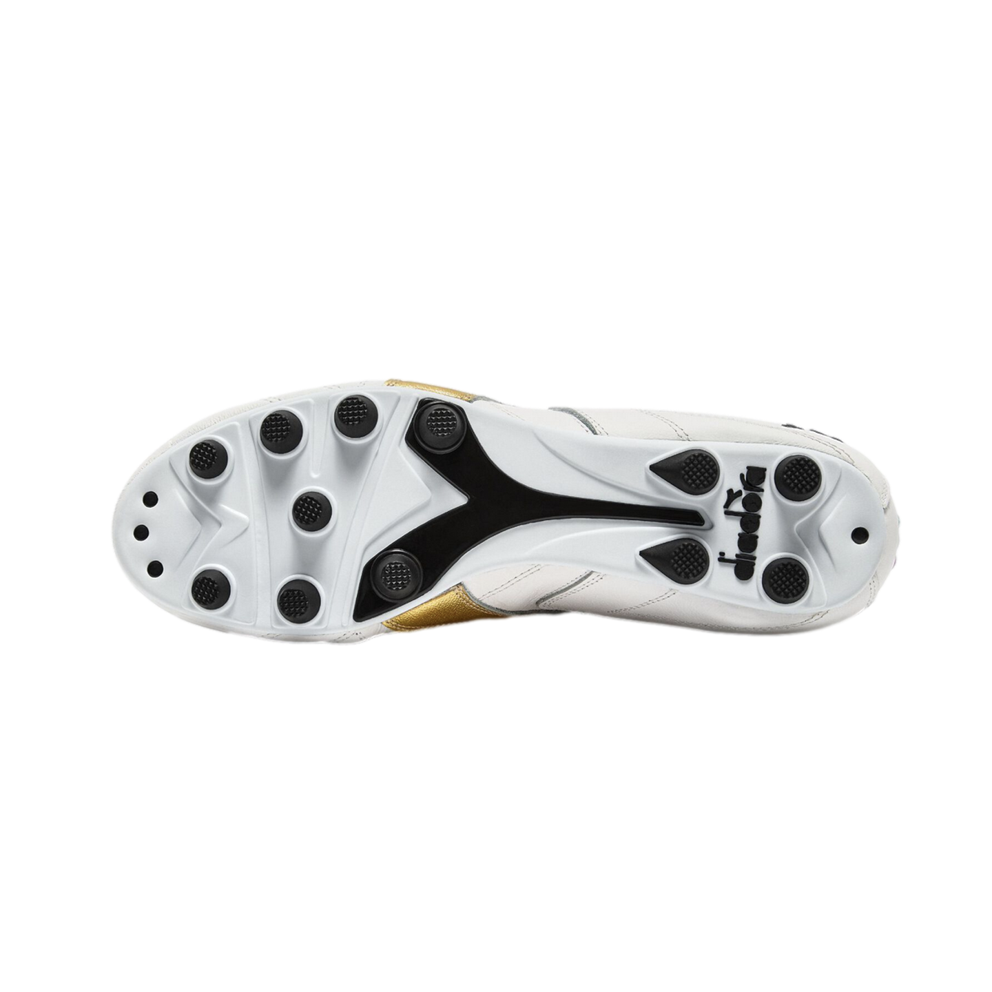 Bottom view of a white Diadora soccer cleat with black studs and gold accents against a black background.