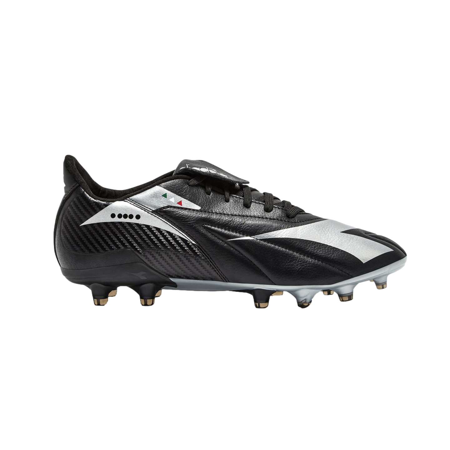 Black and silver Diadora soccer cleat featuring a carbon fiber textured heel, silver metallic accents, and a small Italian flag detail, set against a solid black background.
