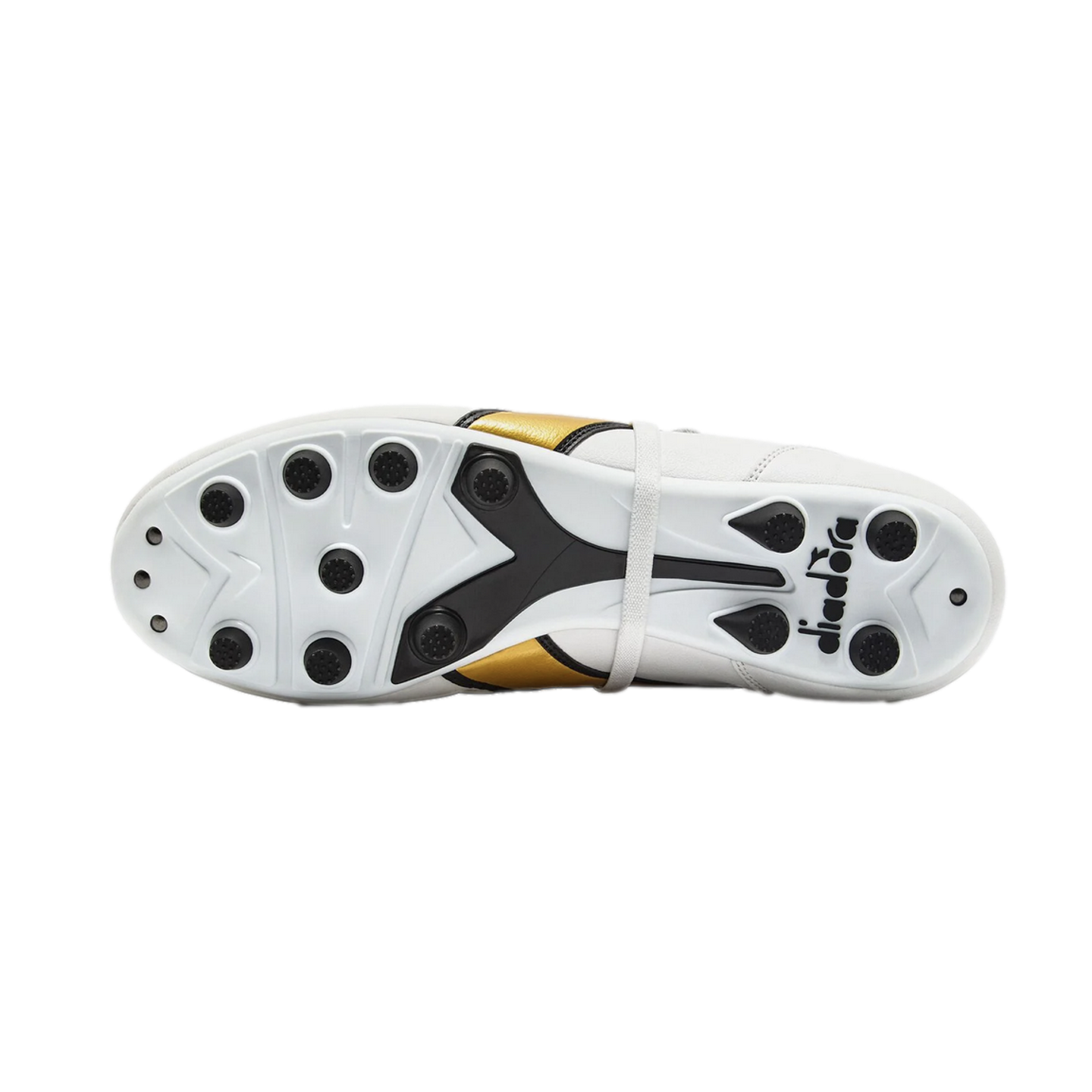 Bottom view of a Diadora soccer cleat featuring a white soleplate with round black studs and gold and black accents.