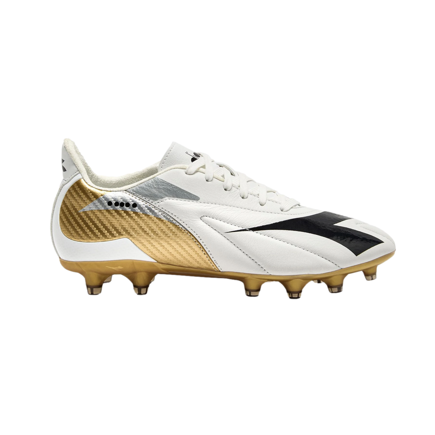 White Diadora soccer cleat with gold carbon-fiber detailing on the heel and a gold-studded sole, shown in profile against a black background.