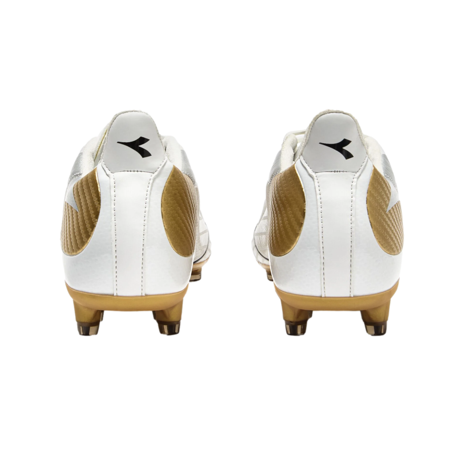 Rear view of two white and gold Diadora soccer cleats with black logos on the heels, set against a black background.