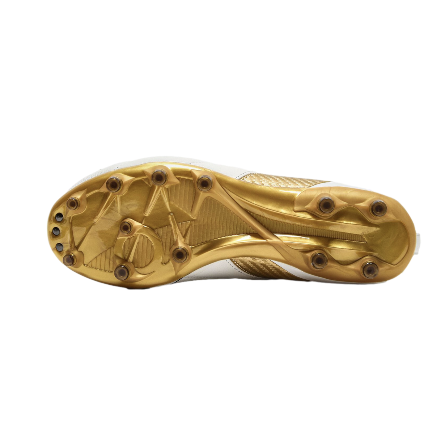 Bottom view of a white and gold soccer cleat featuring a metallic gold sole plate and circular studs, set against a solid black background.
