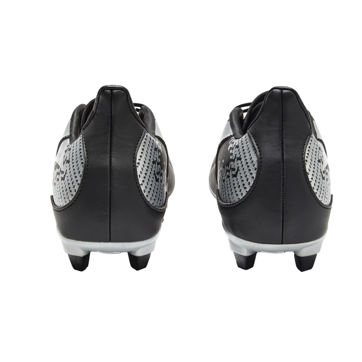 Rear view of black and silver soccer cleats with black studs, shown against a black background. The boots feature black leather heels and patterned silver side panels.