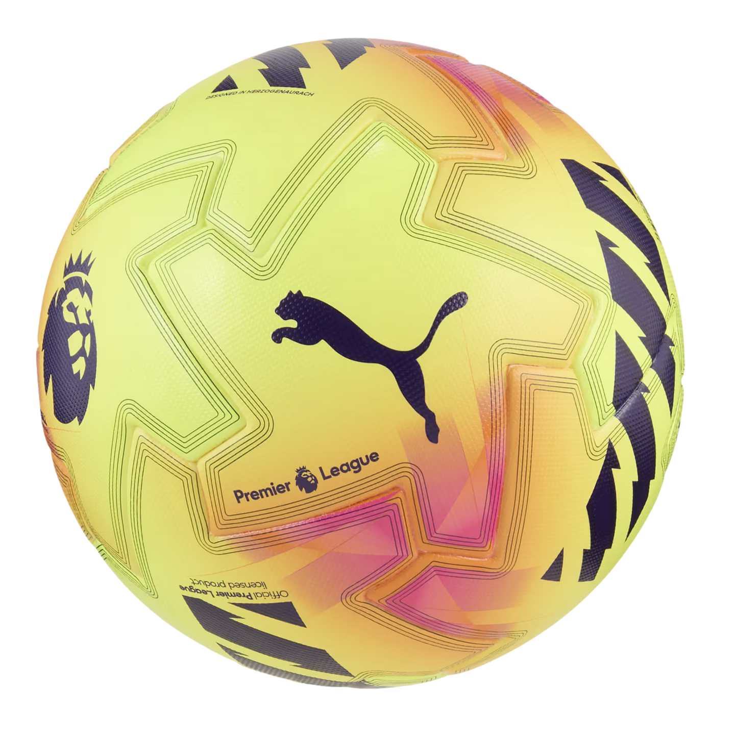 Bright yellow Puma Premier League soccer ball featuring pink and orange gradients and purple geometric zig-zag patterns.