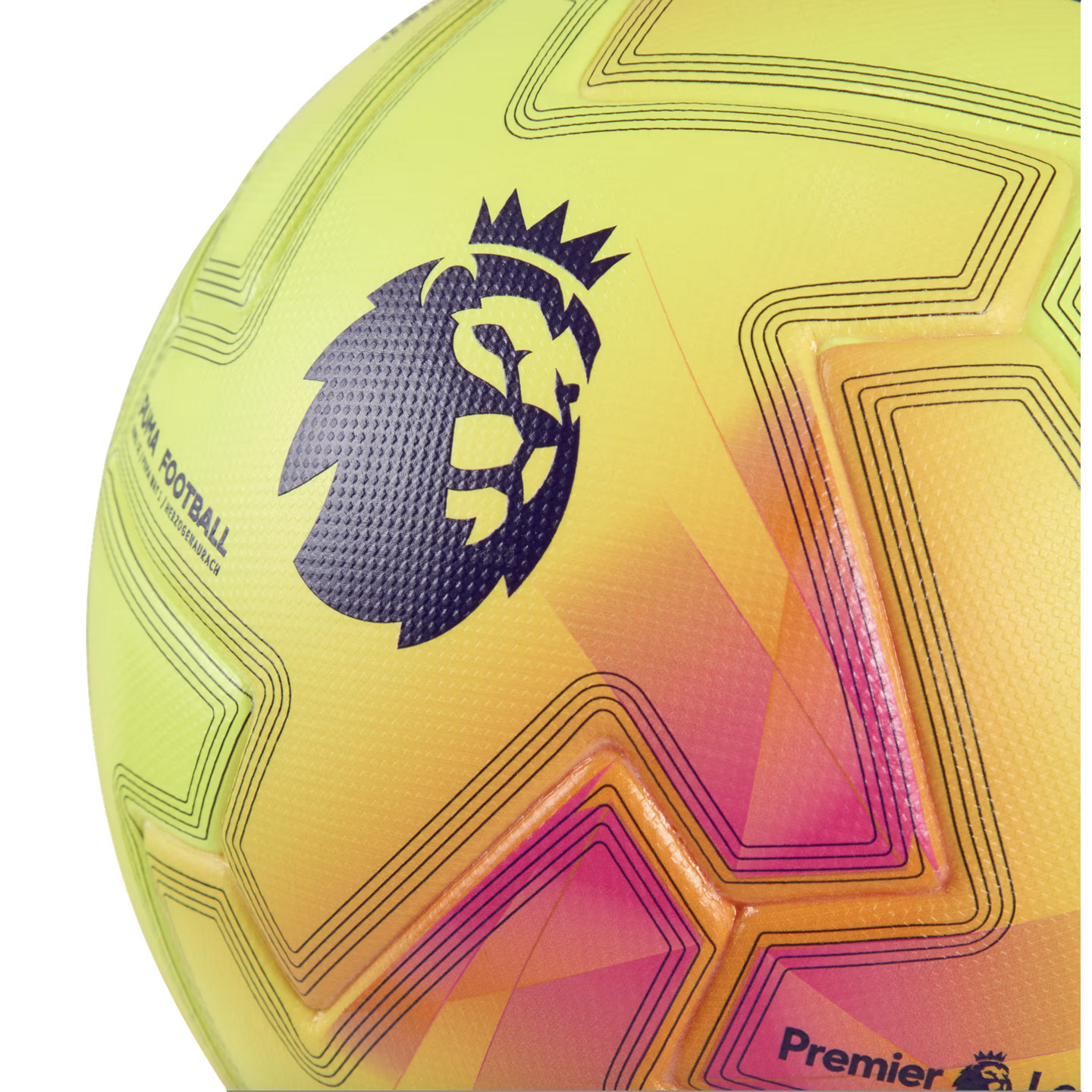 Close-up of a yellow and orange Premier League football with the purple lion crest on its textured surface.