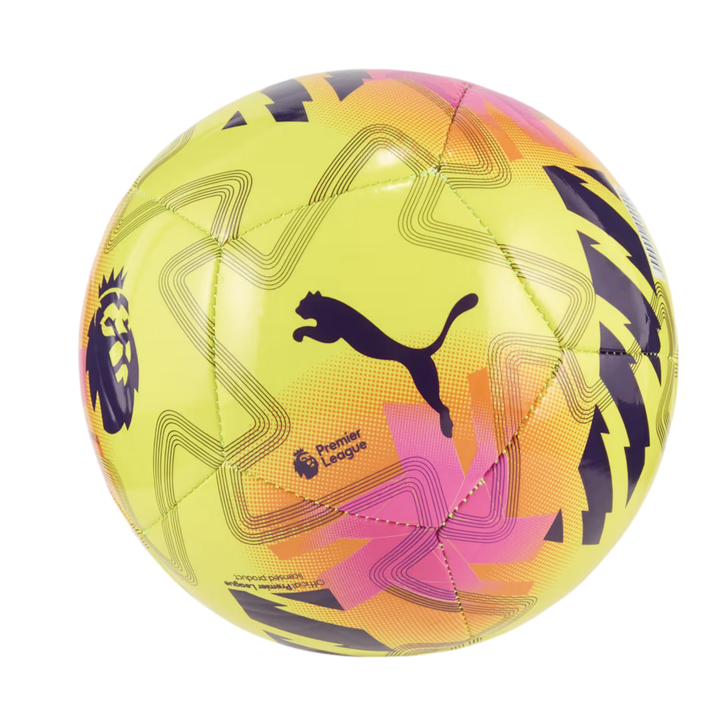 Bright yellow Puma Premier League soccer ball featuring pink and purple graphic patterns, the Puma leaping cat logo, and the Premier League lion emblem.