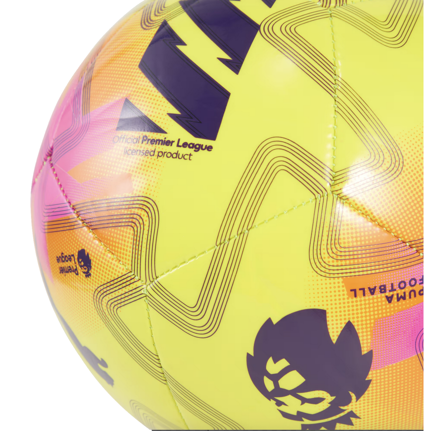 Close-up of a bright yellow PUMA Premier League soccer ball featuring purple and pink geometric patterns and the league's lion logo.