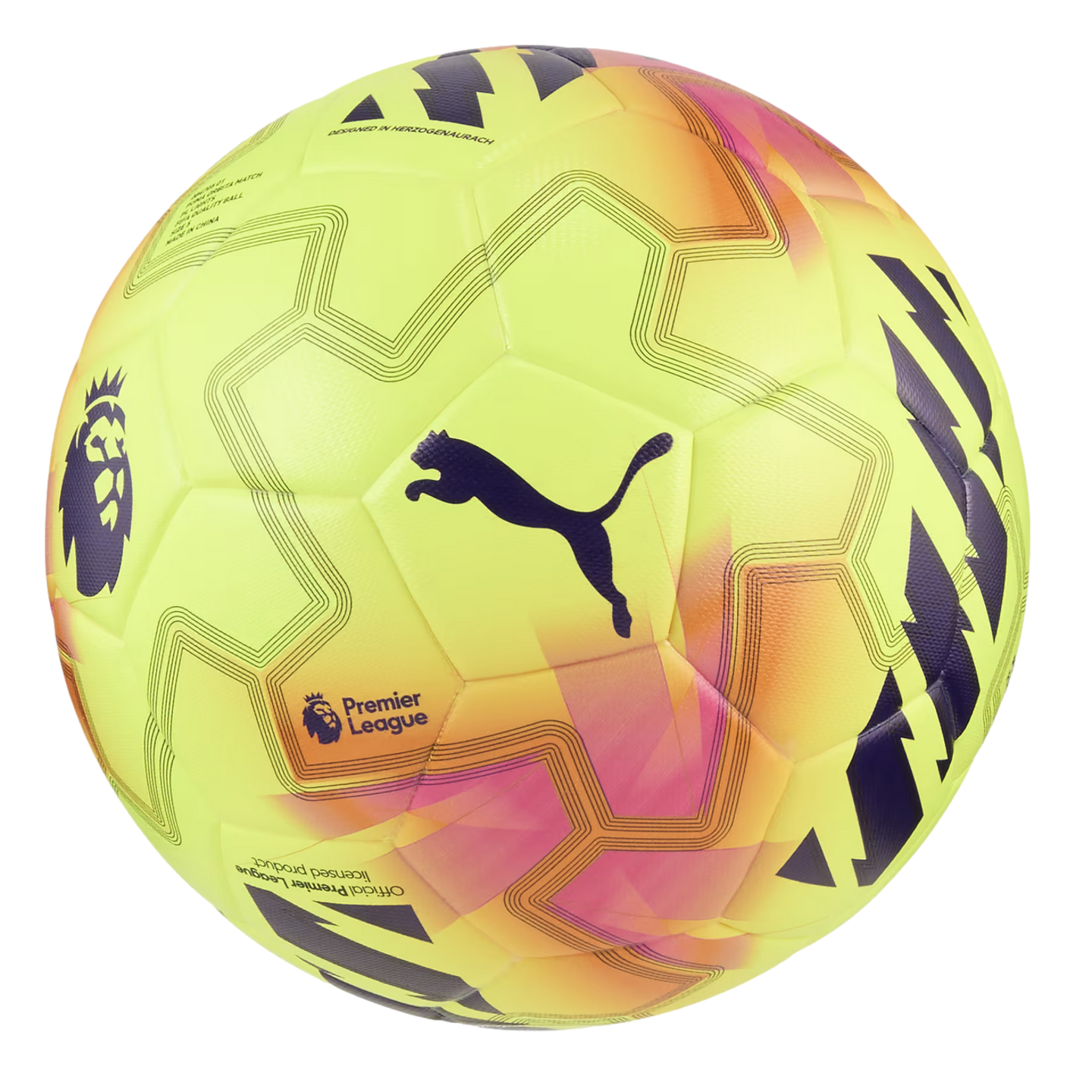 Bright yellow Puma soccer ball with orange and purple geometric accents, featuring the Premier League and Puma logos.