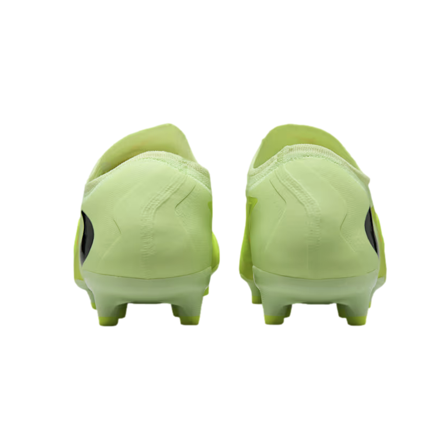 Rear view of a pair of bright lime green soccer cleats with black logos against a solid black background.