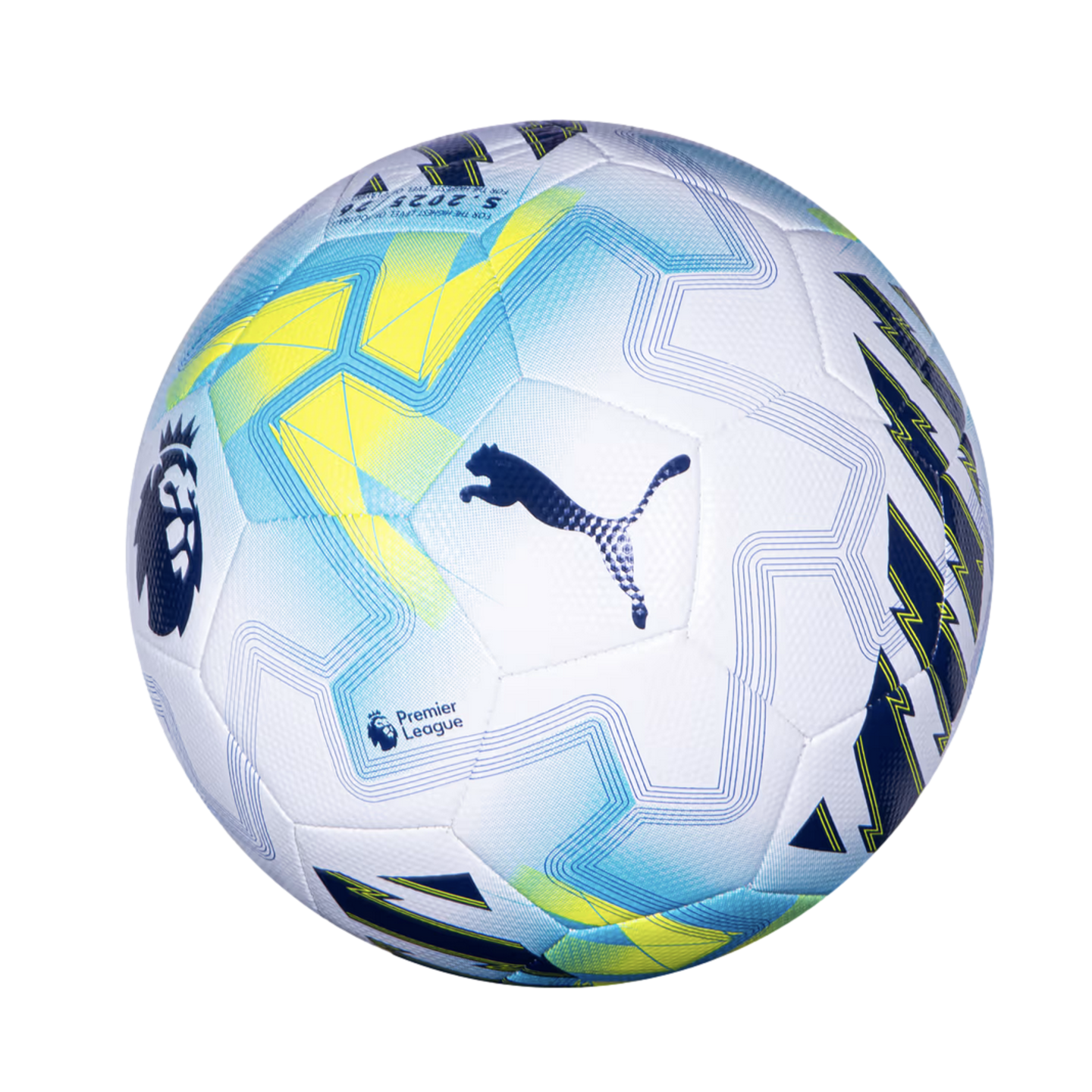 Official Puma Premier League soccer ball for the 2025/26 season, featuring white panels with blue, yellow, and navy geometric patterns and official branding.