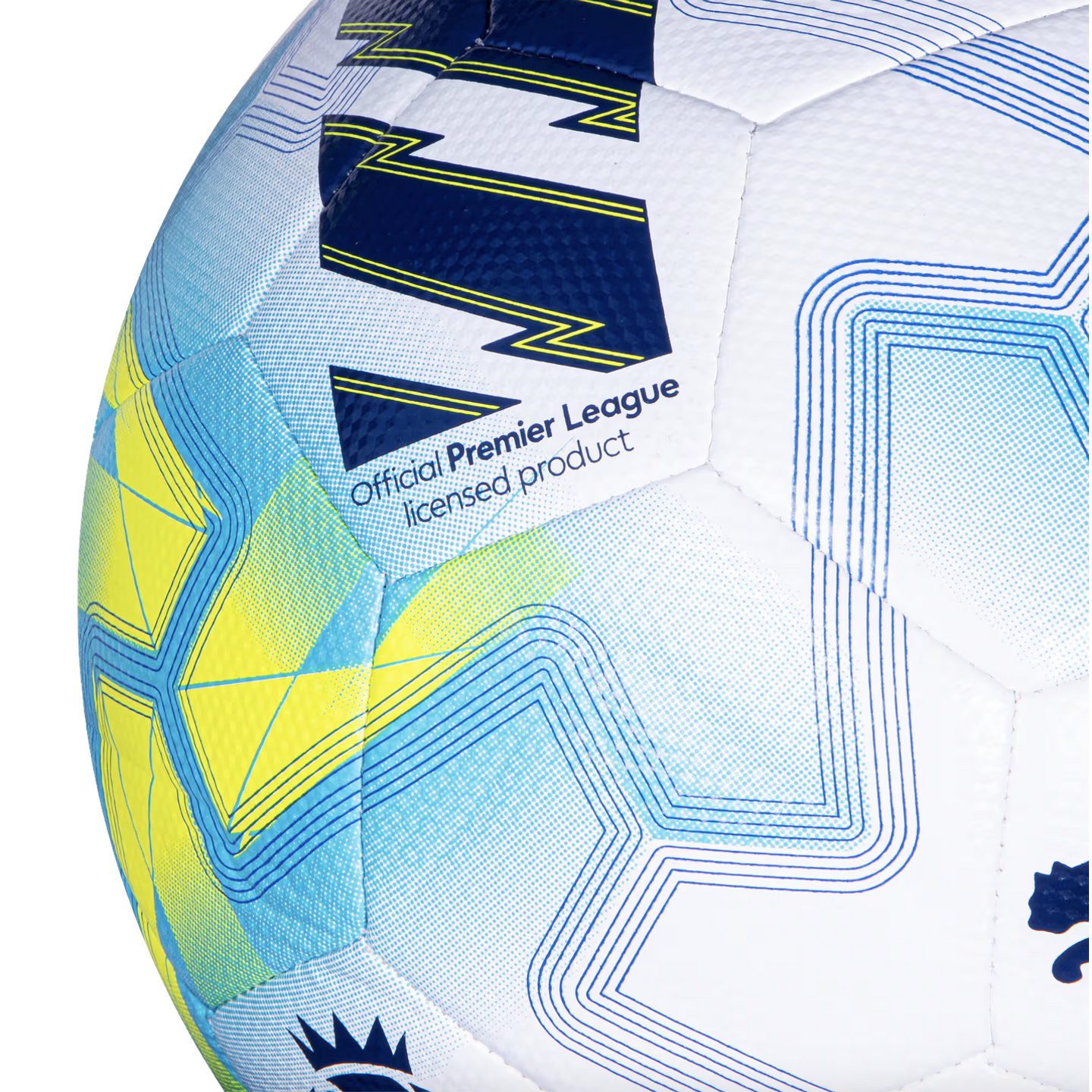 A close-up view of a white soccer ball with blue and lime green patterns, labeled as an "Official Premier League licensed product."