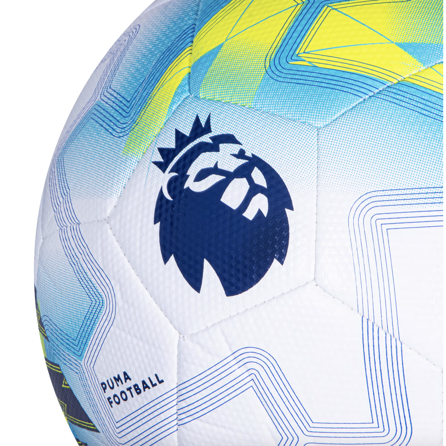 Close-up of a white Puma football with blue and lime green patterns, featuring the Premier League lion logo and the text "PUMA FOOTBALL".