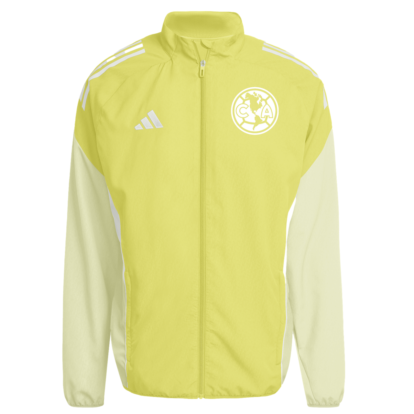 Light yellow and cream Adidas Club América windbreaker jacket with the team crest on the chest and white stripes on the shoulders.