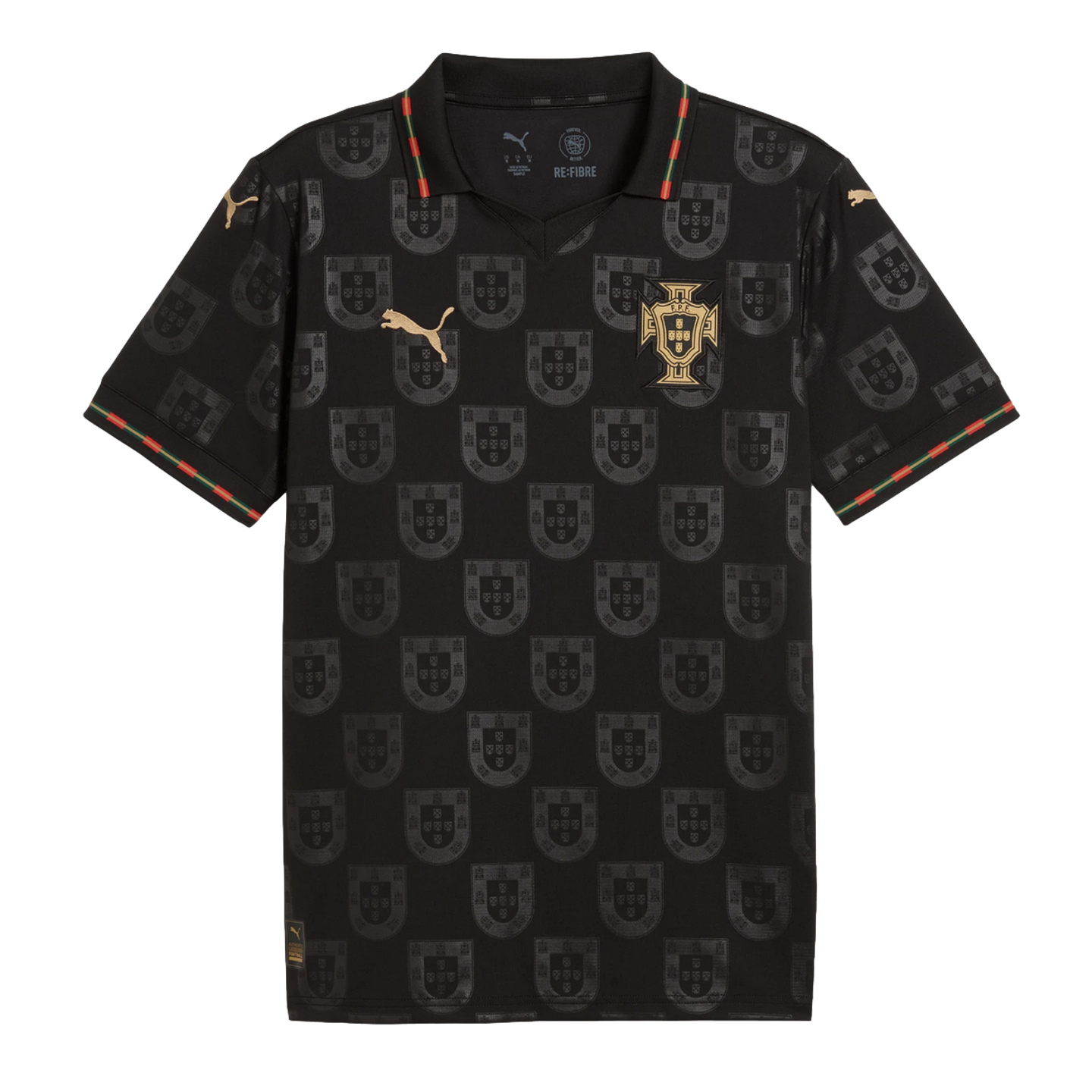 Black Puma Portugal soccer jersey featuring a tonal shield pattern, gold team crest and Puma logo, with red and green accents on the collar and sleeves.