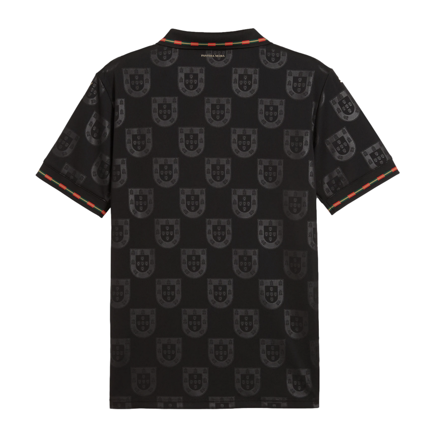 Back view of a black short-sleeved polo shirt with an all-over tonal crest pattern and red and green stripes on the collar and sleeve cuffs.