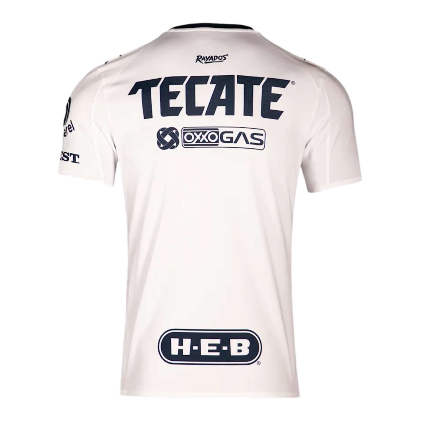 Back view of a white Rayados soccer jersey featuring navy blue Tecate, Oxxo Gas, and H-E-B sponsor logos.