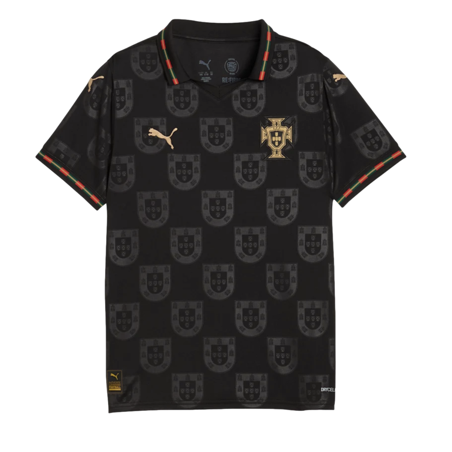 A black Puma Portugal soccer jersey with gold logos and crest, featuring a repeating tonal emblem pattern and red and green striped trim on the collar and sleeves.
