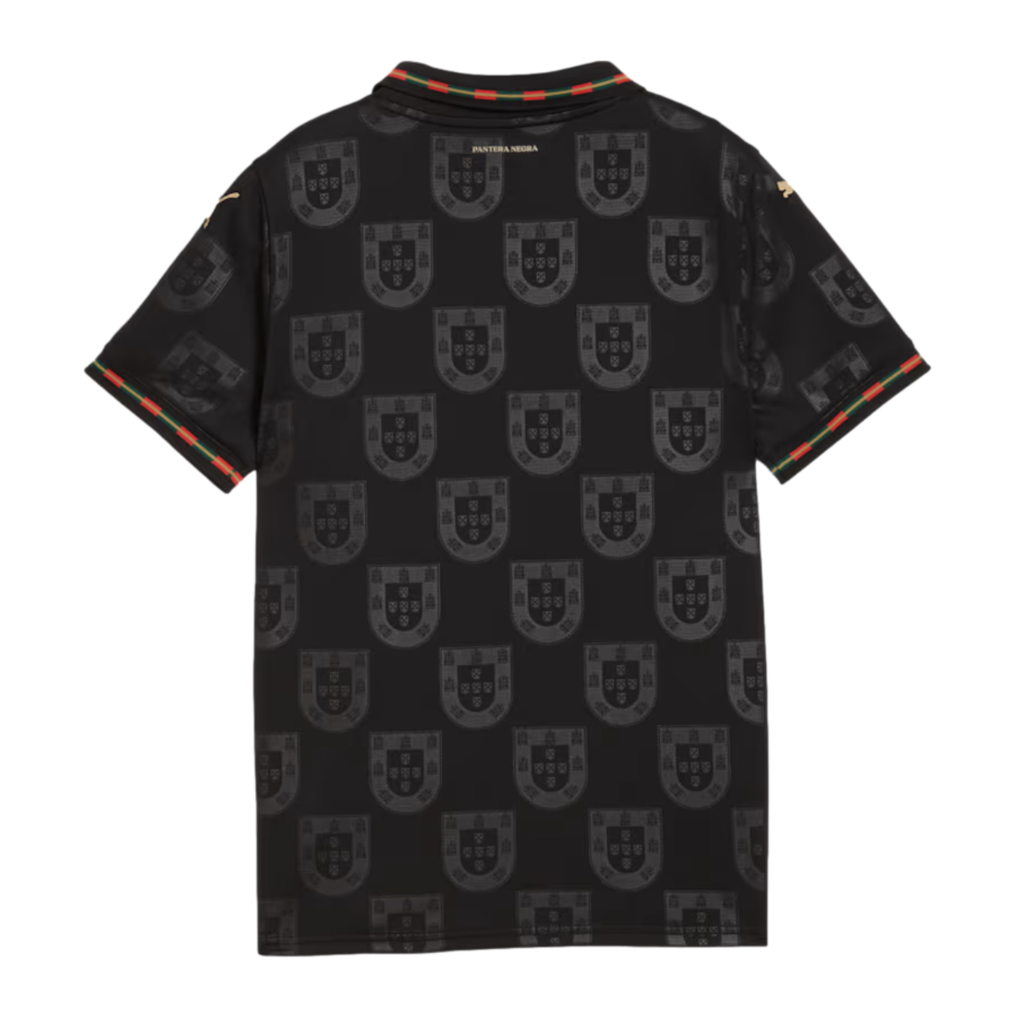 Back of a black jersey with a repeating Portuguese crest pattern, red and green striped trim on the collar and sleeves, and gold "PANTERA NEGRA" text below the neck.