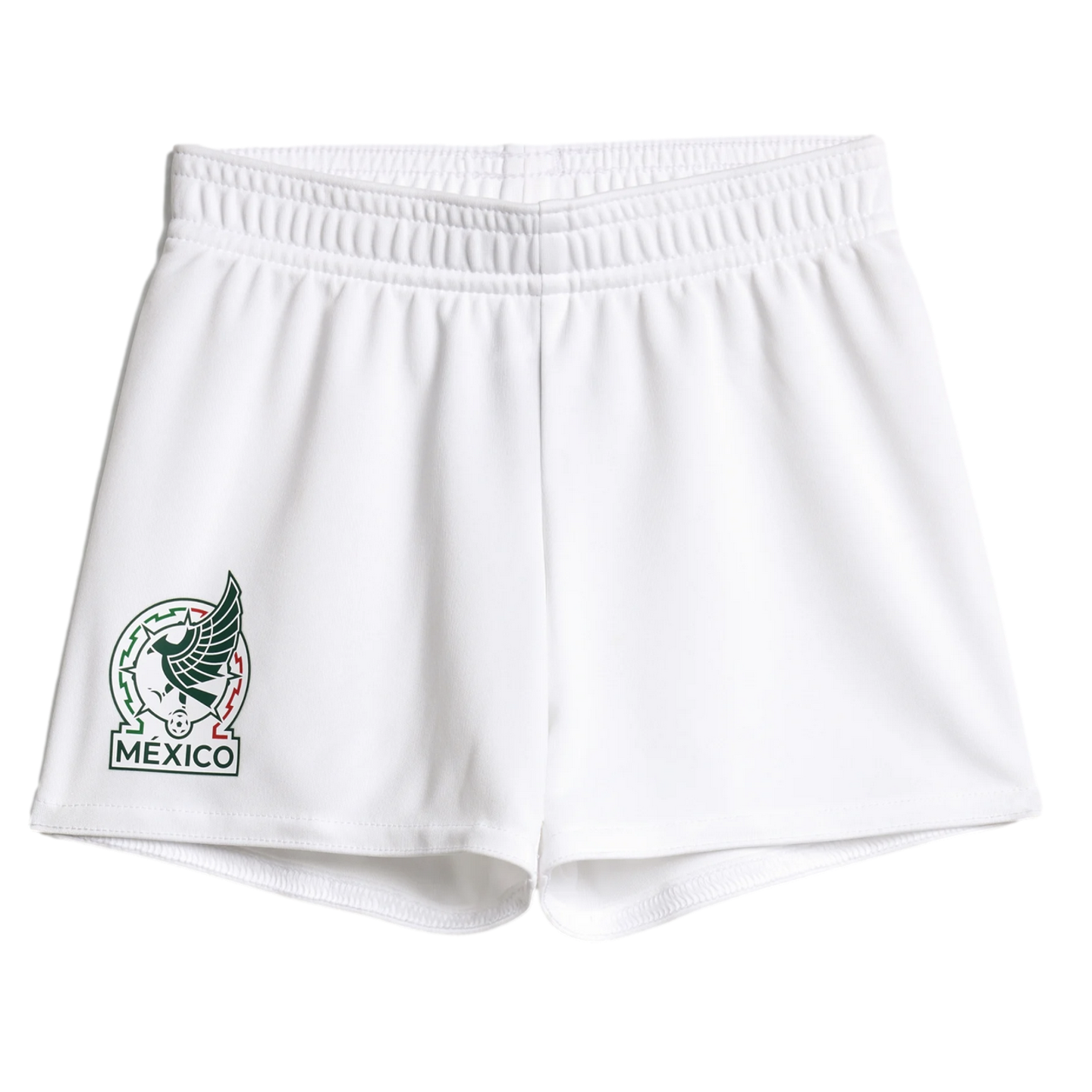 White athletic shorts featuring the Mexico national football team crest on the lower left leg.