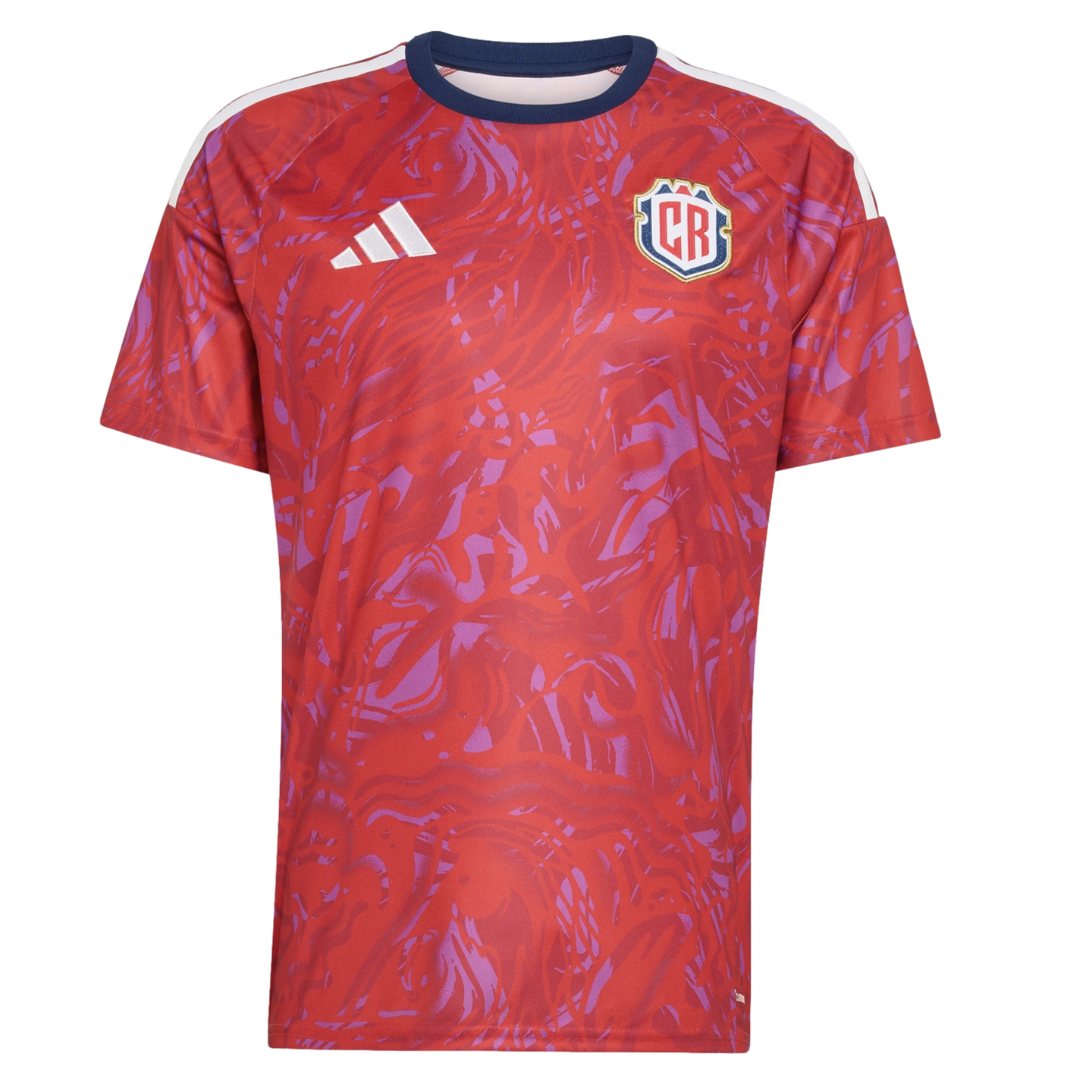 Red short-sleeved Adidas soccer jersey with an abstract wavy purple pattern, navy crew neck, and the Costa Rica "CR" crest on the chest.