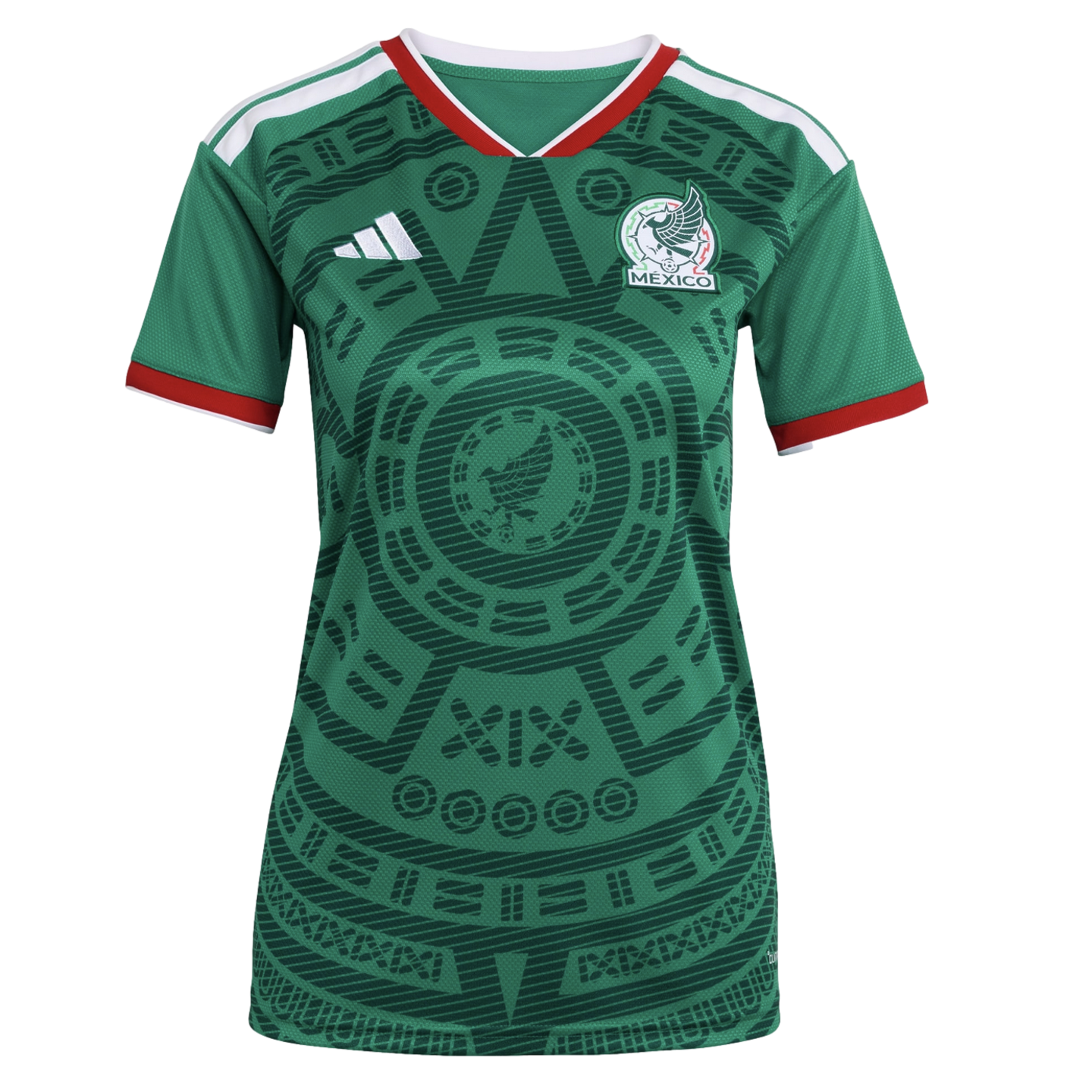 A green Mexico national football team jersey featuring a prominent Aztec-inspired sun stone graphic, white Adidas logo, and team crest with red and white trim.