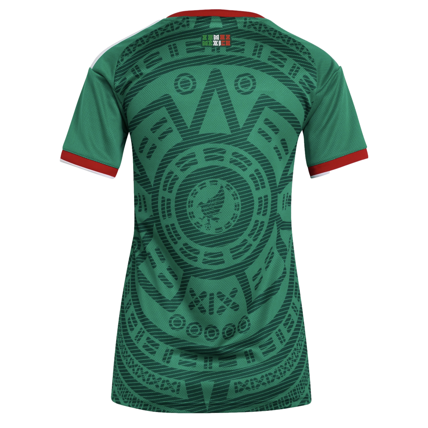 Back view of a green Mexico soccer jersey featuring an intricate dark green Aztec pattern, red and white sleeve trim, and a small "SOMOS MEXICO" logo at the neck.